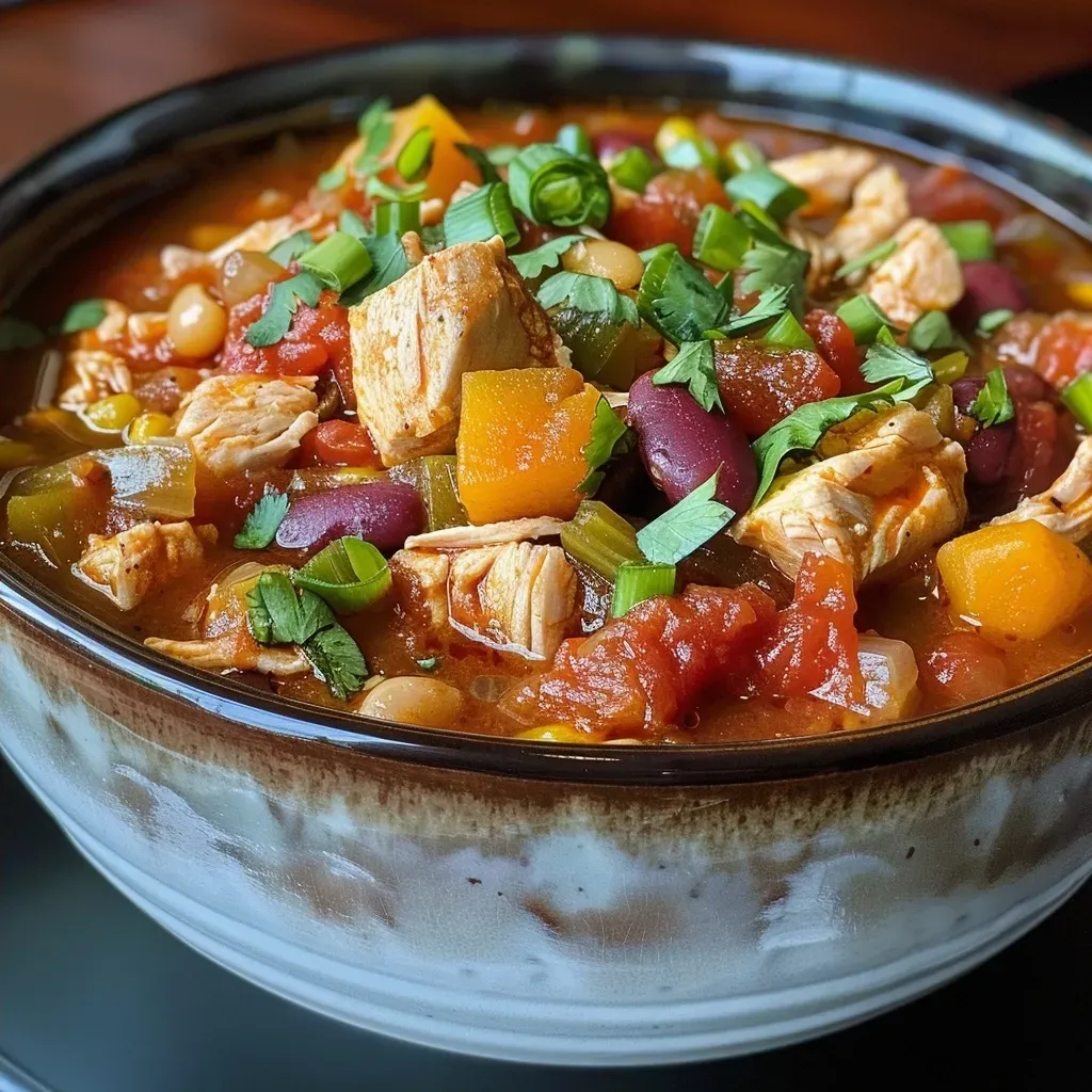 ['Close-up side view of a bowl of Quick Chicken Pumpkin Chili, showcasing vibrant colors and ingredients.', 'Juicy Quick Chicken Pumpkin Chili in a white bowl, highlighting the chunky vegetables and chicken pieces.', 'Rich and hearty Quick Chicken Pumpkin Chili, featuring diced tomatoes, pumpkin puree, and beans.', 'A mouthwatering view of Quick Chicken Pumpkin Chili with a glossy finish, garnished with herbs.']