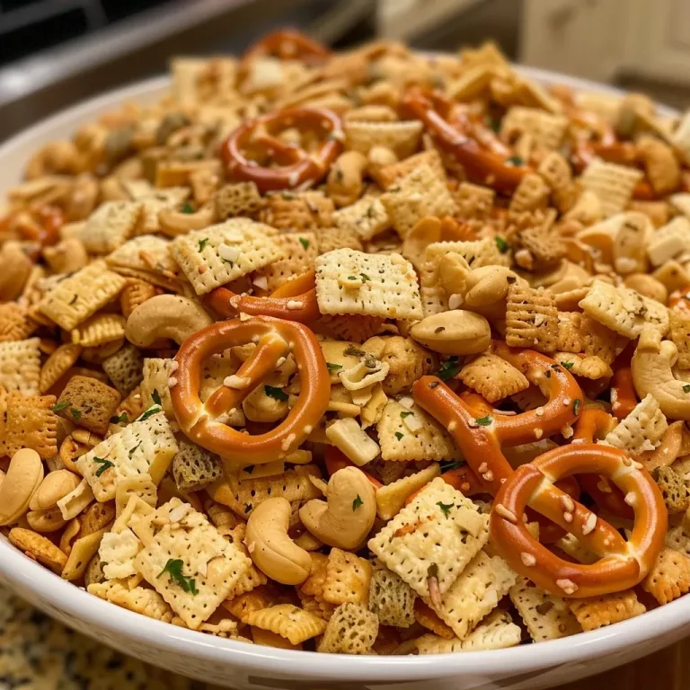 ['Close-up photo of Ranch Chex Mix featuring Rice Chex, pretzels, cheddar crackers, and oyster crackers.', 'Side view of a delectable Ranch Chex Mix with ingredients visible, showcasing crunchy textures.', 'High-resolution image of a bowl filled with Ranch Chex Mix, highlighting the variety of ingredients.', 'Detailed view of homemade Ranch Chex Mix with golden-brown butter coating and assorted crunchy snacks.']