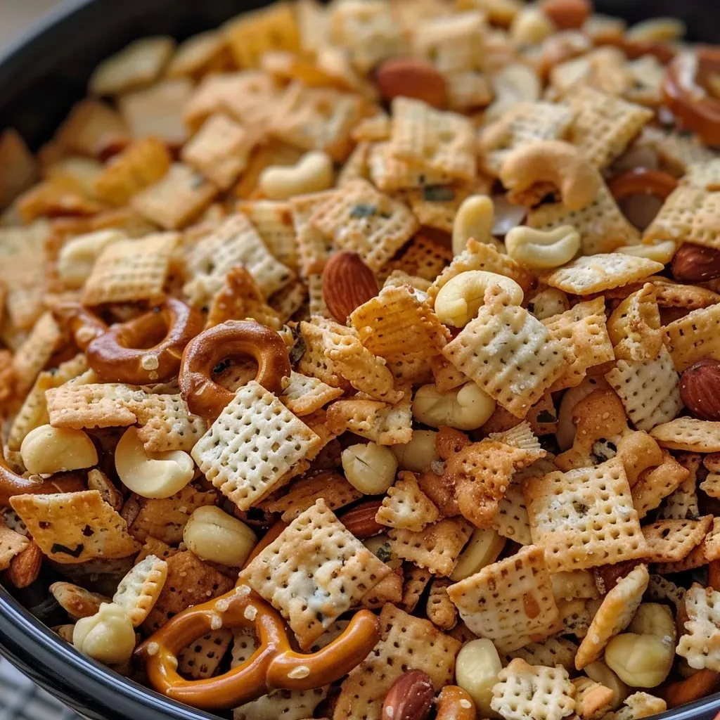 ['Close-up photo of Ranch Chex Mix featuring Rice Chex, pretzels, cheddar crackers, and oyster crackers.', 'Side view of a delectable Ranch Chex Mix with ingredients visible, showcasing crunchy textures.', 'High-resolution image of a bowl filled with Ranch Chex Mix, highlighting the variety of ingredients.', 'Detailed view of homemade Ranch Chex Mix with golden-brown butter coating and assorted crunchy snacks.']