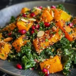 ['Close-up side view of a vibrant salad featuring roasted butternut squash, kale, and various toppings.', 'A colorful salad with cubed butternut squash, curly kale, and garnishes like pomegranate arils and pumpkin seeds.', 'A detailed side view of a roasted butternut squash and kale salad, showcasing its rich colors and textures.', 'An appetizing side view of a salad made with kale, butternut squash, and a variety of crunchy toppings.']