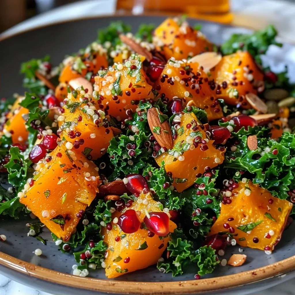 ['Close-up side view of a vibrant salad featuring roasted butternut squash, kale, and various toppings.', 'A colorful salad with cubed butternut squash, curly kale, and garnishes like pomegranate arils and pumpkin seeds.', 'A detailed side view of a roasted butternut squash and kale salad, showcasing its rich colors and textures.', 'An appetizing side view of a salad made with kale, butternut squash, and a variety of crunchy toppings.']