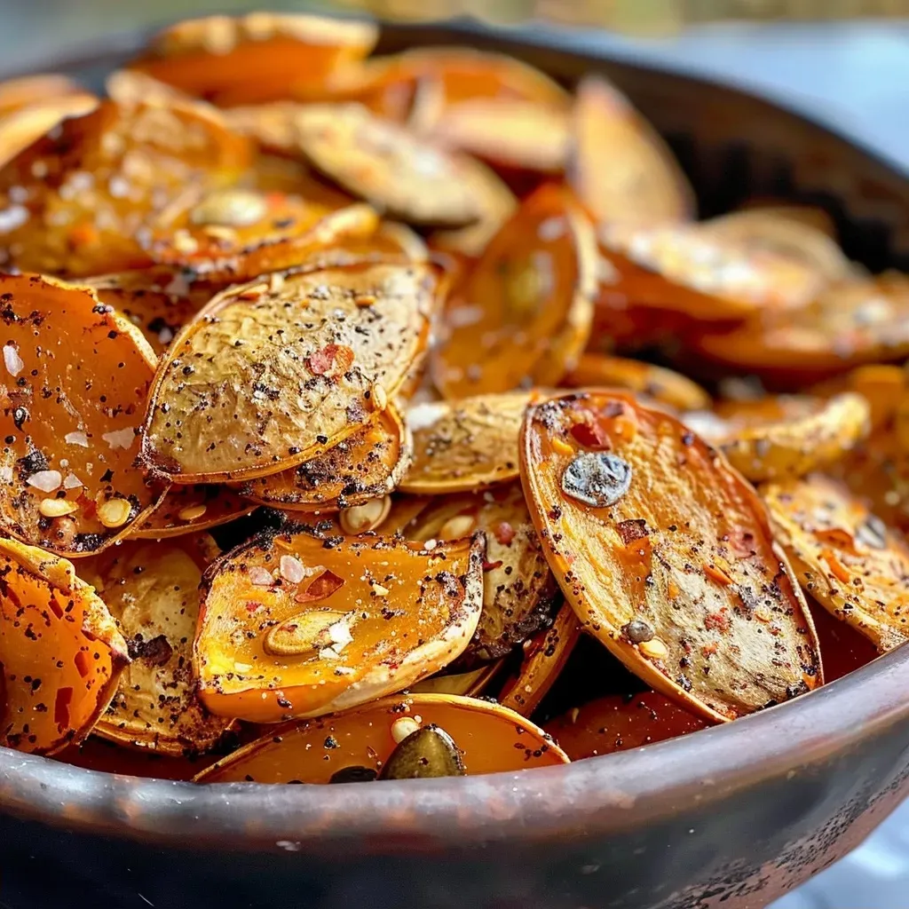 ['Close-up of roasted butternut squash seeds with a golden brown sheen.', 'A side view of crunchy, seasoned butternut squash seeds on a wooden surface.', 'Freshly roasted butternut squash seeds sprinkled with spices and glistening.', 'A collection of delicious roasted butternut squash seeds arranged appetizingly.']
