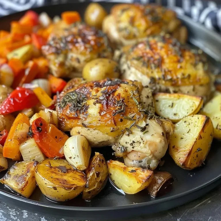 ['Juicy roasted garlic chicken thighs surrounded by colorful vegetables.', 'Close-up of roasted chicken and a variety of vibrant vegetables.', 'Side view of golden-brown chicken with garlic and mixed veggies.', 'Delicious roasted chicken thighs with carrots and potatoes on a plate.']