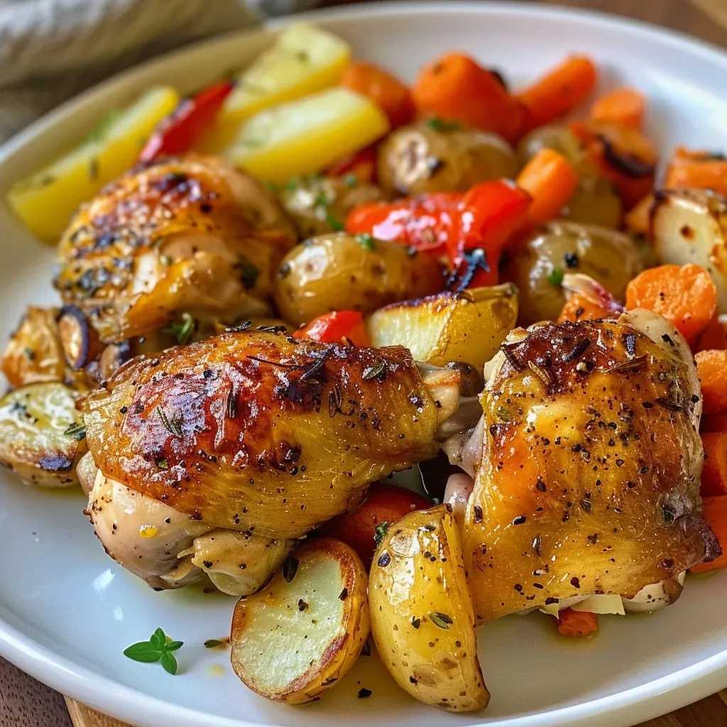 Juicy roasted garlic chicken thighs surrounded by colorful vegetables.