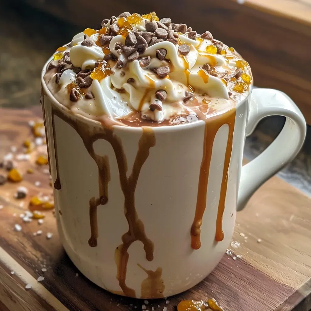 ['Close-up of a creamy salted caramel hot chocolate topped with whipped cream.', 'Rich salted caramel hot chocolate in a clear glass mug, featuring a drizzle of caramel.', 'Side view of a decadent hot chocolate with a sprinkle of sea salt and caramel sauce.', 'Warm salted caramel hot chocolate with a smooth texture, served with a spoon.']