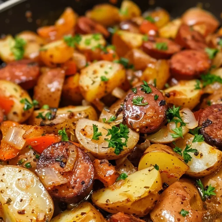 ['A close-up view of a skillet filled with sausage and diced potatoes, garnished with parsley.', 'Juicy slices of smoked sausage and colorful bell peppers mixed with golden potatoes in a frying pan.', 'A vibrant arrangement of sausage and potatoes in a skillet, showcasing the cooked ingredients.', 'A detailed side view of a sausage and potato dish in a skillet, featuring slices of onion and bell pepper.']
