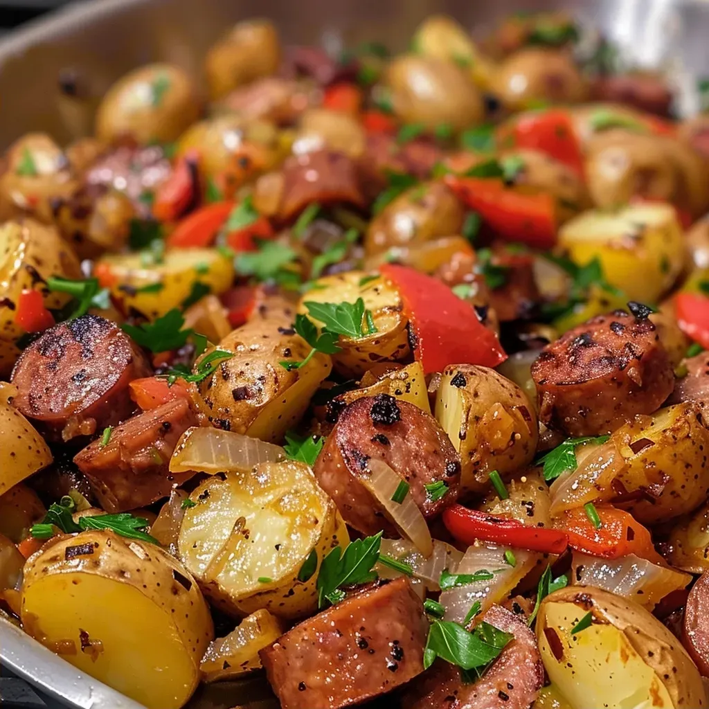 ['A close-up view of a skillet filled with sausage and diced potatoes, garnished with parsley.', 'Juicy slices of smoked sausage and colorful bell peppers mixed with golden potatoes in a frying pan.', 'A vibrant arrangement of sausage and potatoes in a skillet, showcasing the cooked ingredients.', 'A detailed side view of a sausage and potato dish in a skillet, featuring slices of onion and bell pepper.']