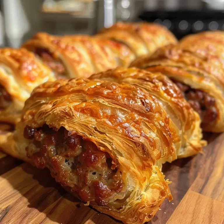 ['Close-up view of golden-brown sausage mummies wrapped in pastry, with eyes made of mustard.', 'Side profile of sausage mummies, showcasing flaky pastry and distinct facial features.', 'Juicy sausages encased in dough, presented on a rustic wooden surface for Halloween.', 'Halloween-themed sausage mummies with a crispy exterior and playful expression.']