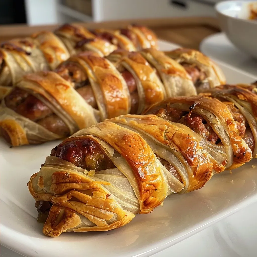 ['Close-up view of golden-brown sausage mummies wrapped in pastry, with eyes made of mustard.', 'Side profile of sausage mummies, showcasing flaky pastry and distinct facial features.', 'Juicy sausages encased in dough, presented on a rustic wooden surface for Halloween.', 'Halloween-themed sausage mummies with a crispy exterior and playful expression.']