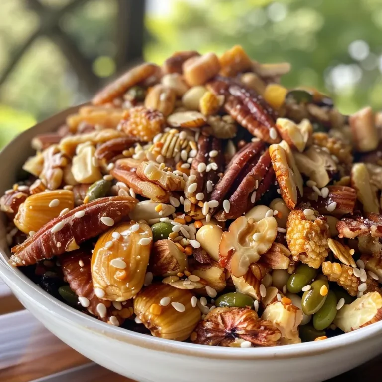 ['Close-up view of a bowl filled with sesame tamari pecan snack mix featuring pecans, edamame, and corn.', 'Side view of a vibrant sesame tamari pecan snack mix with a variety of textures and colors.', 'Detailed close-up of a snack mix showcasing roasted pecans, edamame, and corn kernels in a rustic bowl.', "A colorful assortment of sesame tamari pecan snack mix, highlighting the ingredients' freshness and crunchiness."]