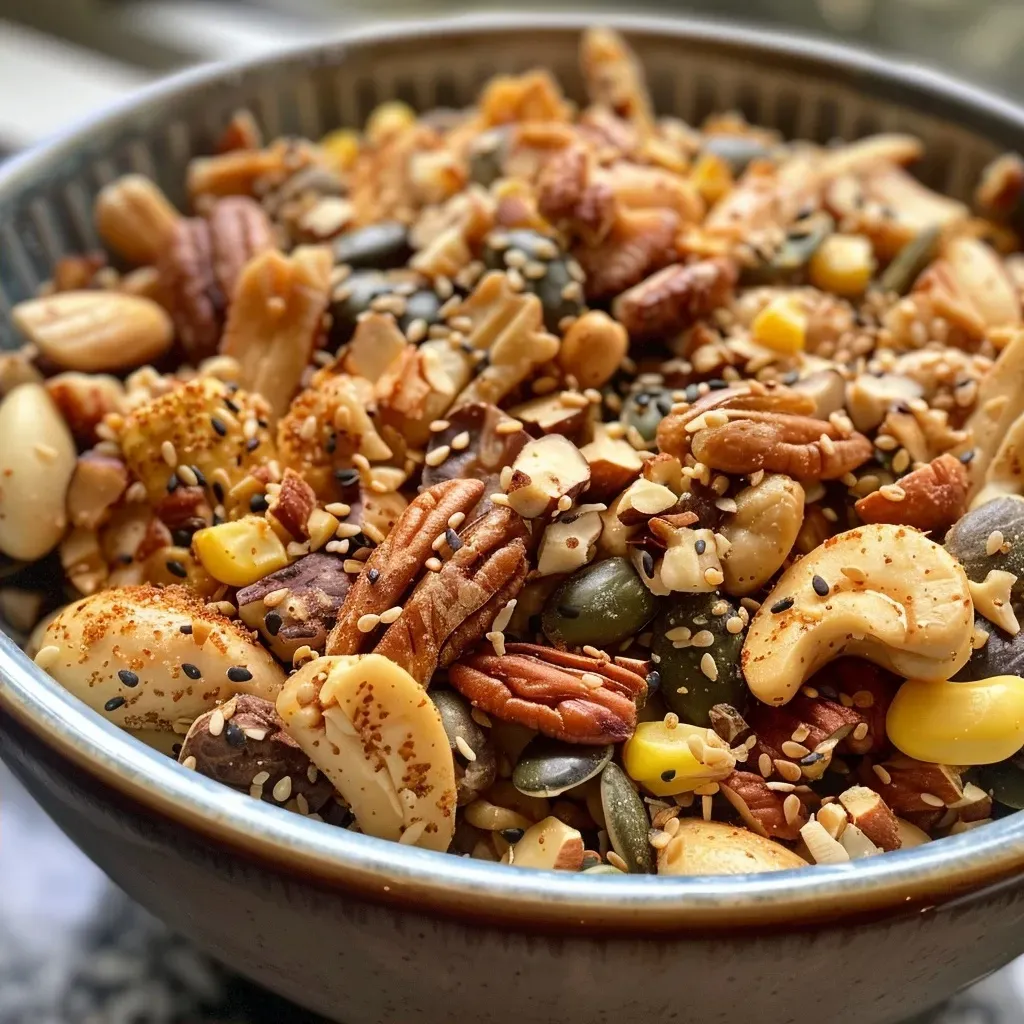 ['Close-up view of a bowl filled with sesame tamari pecan snack mix featuring pecans, edamame, and corn.', 'Side view of a vibrant sesame tamari pecan snack mix with a variety of textures and colors.', 'Detailed close-up of a snack mix showcasing roasted pecans, edamame, and corn kernels in a rustic bowl.',