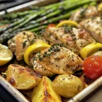 ['Juicy chicken thighs with vibrant vegetables on a sheet pan.', 'Close-up of roasted chicken thighs alongside colorful baby potatoes and brussels sprouts.', 'A side view of chicken thighs, carrots, and onions arranged on a baking sheet.', 'Juicy chicken pieces surrounded by fresh vegetables, ready to serve.']