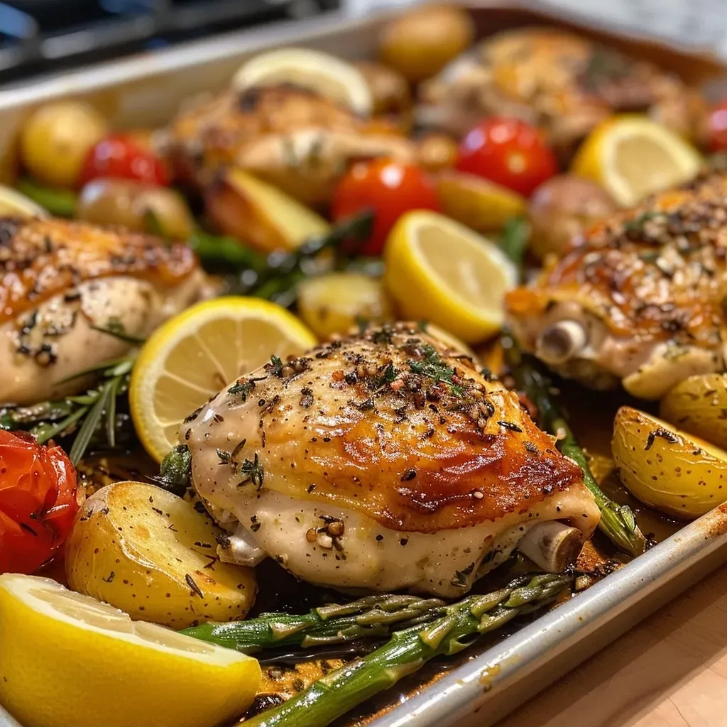 ['Close-up view of juicy, baked sheet pan chicken breast with diced butternut squash and garlic.', 'A side view of succulent sheet pan chicken breasts surrounded by colorful butternut squash and garlic cloves.', 'Juicy chicken breasts on a sheet pan with diced squash and garlic, showcasing a delicious meal prep.', 'Side perspective of a flavorful sheet pan chicken dish with roasted butternut squash and garlic.']