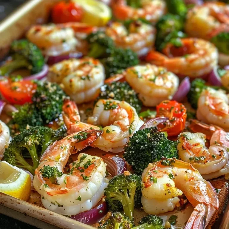 ['Close-up of juicy Sheet Pan Parmesan Shrimp with colorful vegetables.', 'Side view of vibrant shrimp and mixed vegetables ready for serving.', 'Golden-brown shrimp sprinkled with parmesan, surrounded by broccoli and tomatoes.', 'Freshly cooked shrimp and veggies on a sheet pan, showing textures and colors.']