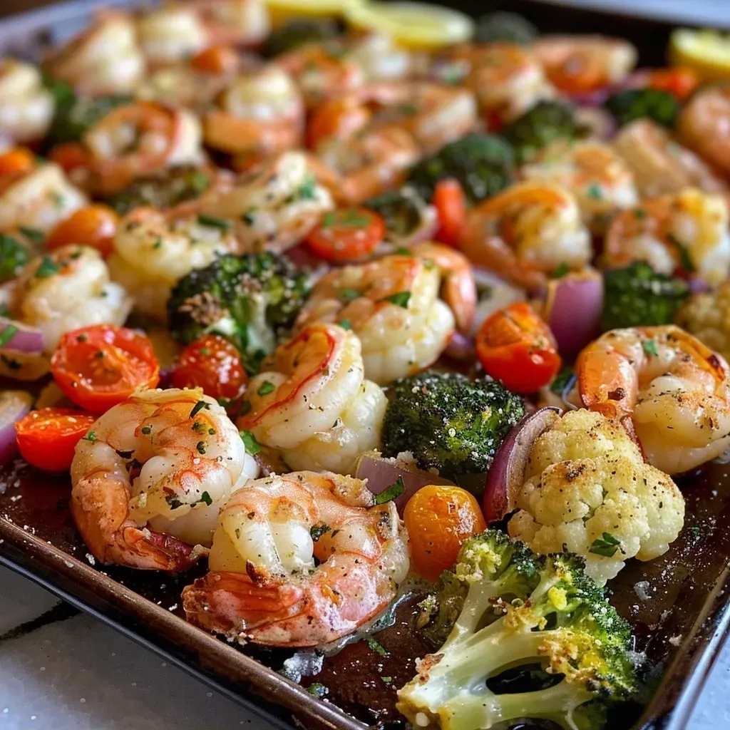 ['Close-up of juicy Sheet Pan Parmesan Shrimp with colorful vegetables.', 'Side view of vibrant shrimp and mixed vegetables ready for serving.', 'Golden-brown shrimp sprinkled with parmesan, surrounded by broccoli and tomatoes.', 'Freshly cooked shrimp and veggies on a sheet pan, showing textures and colors.']