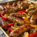['Close-up of a colorful sheet pan filled with juicy sausages and assorted peppers.', 'Side view of a vibrant dish featuring Italian sausages, red, yellow, and green bell peppers.', 'Juicy sheet pan sausage and peppers, showcasing rich colors and textures.', 'A close-up look at a delicious arrangement of sausages and mixed bell peppers on a baking sheet.']