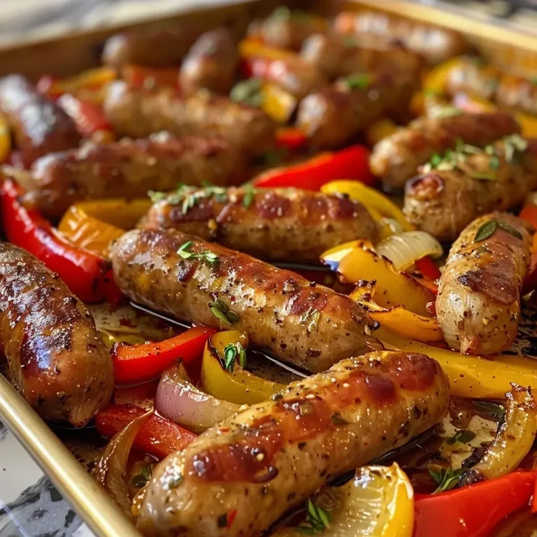 ['Close-up of a colorful sheet pan filled with juicy sausages and assorted peppers.', 'Side view of a vibrant dish featuring Italian sausages, red, yellow, and green bell peppers.', 'Juicy sheet pan sausage and peppers, showcasing rich colors and textures.', 'A close-up look at a delicious arrangement of sausages and mixed bell peppers on a baking sheet.']