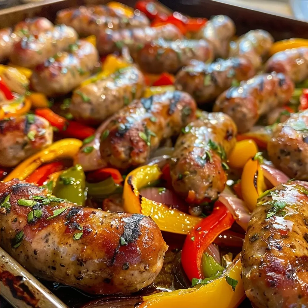 ['Close-up of a colorful sheet pan filled with juicy sausages and assorted peppers.', 'Side view of a vibrant dish featuring Italian sausages, red, yellow, and green bell peppers.', 'Juicy sheet pan sausage and peppers, showcasing rich colors and textures.', 'A close-up look at a delicious arrangement of sausages and mixed bell peppers on a baking sheet.']