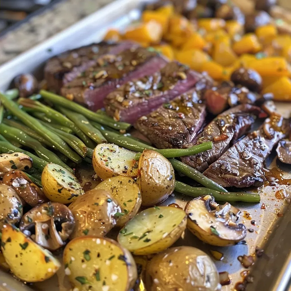 ['Close-up of sheet pan featuring juicy steak slices and roasted vegetables.', 'Side view of a vibrant sheet pan meal with steak and colorful veggies.', 'Juicy skirt steak surrounded by golden potatoes, mushrooms, and green beans on a sheet pan.', 'Roasted veggies and succulent steak displayed on a baking sheet.']