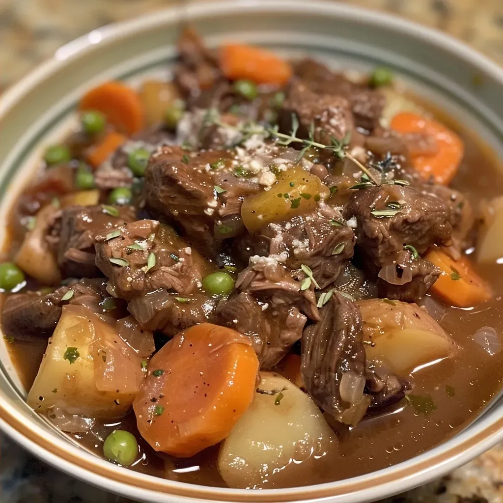 A close-up view of a bowl filled with rich, hearty beef stew featuring tender meat and colorful vegetables.