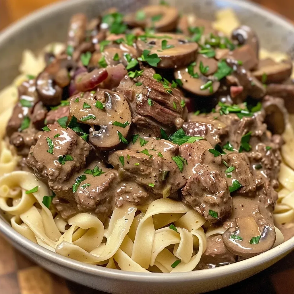 ['Close-up of a bowl of Slow Cooker Beef Stroganoff with noodles and mushrooms.', 'Side view of juicy Beef Stroganoff served with egg noodles and garnished.', 'Detailed shot of Slow Cooker Beef Stroganoff showcasing tender beef and creamy sauce.', 'Plate of beef stroganoff highlighting sauce, beef chunks, and mushroom slices.']