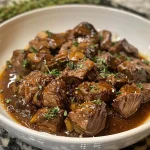 ['Close-up of slow cooker beef tips and gravy served in a bowl.', 'Juicy beef tips in rich gravy, garnished with herbs, side view.', 'Hearty portion of slow cooker beef tips and gravy in a rustic dish.', 'Savory slow cooked beef tips in thick gravy, ready to serve.']