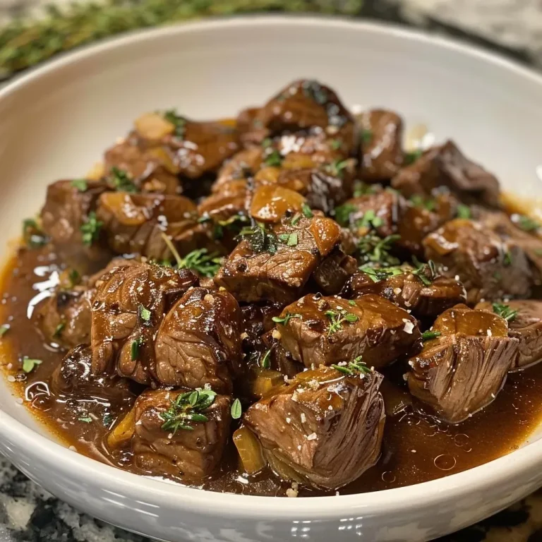 ['Close-up of slow cooker beef tips and gravy served in a bowl.', 'Juicy beef tips in rich gravy, garnished with herbs, side view.', 'Hearty portion of slow cooker beef tips and gravy in a rustic dish.', 'Savory slow cooked beef tips in thick gravy, ready to serve.']