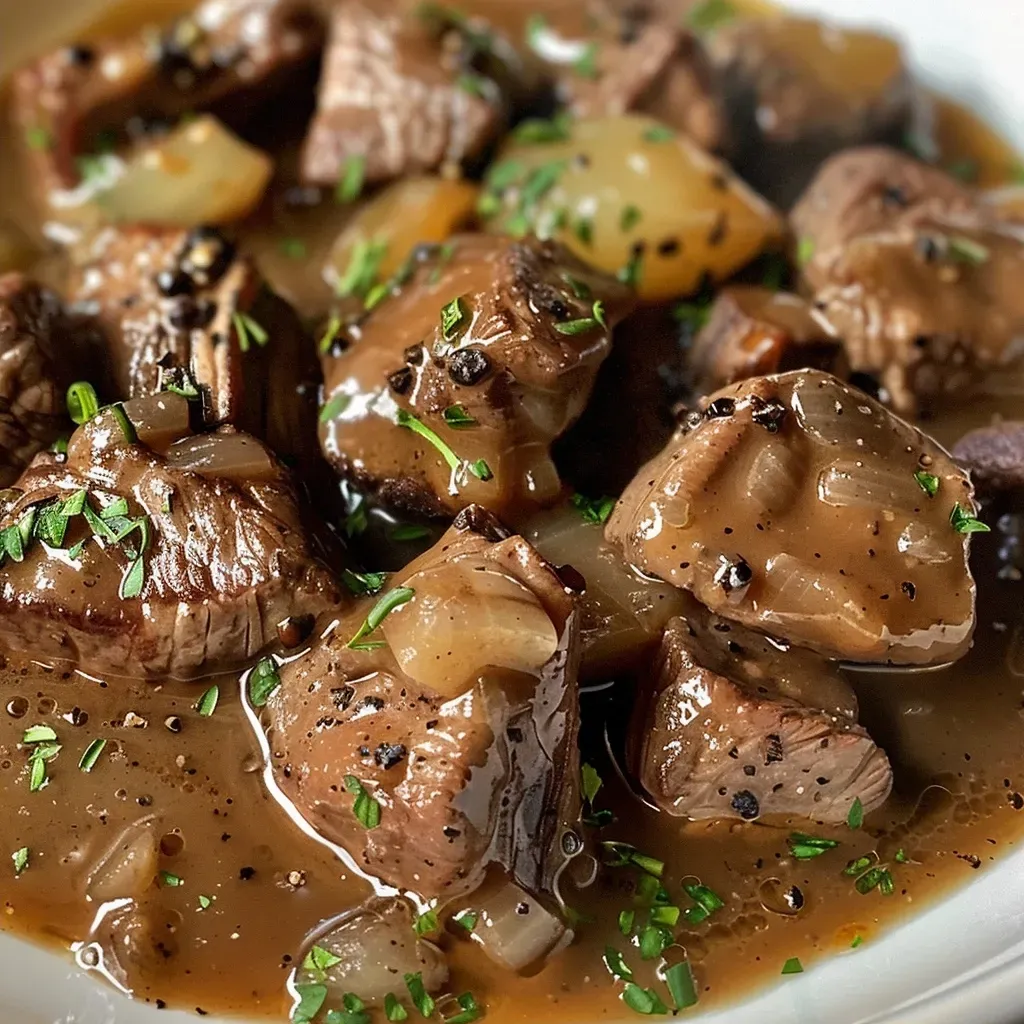 ['Close-up of slow cooker beef tips and gravy served in a bowl.', 'Juicy beef tips in rich gravy, garnished with herbs, side view.', 'Hearty portion of slow cooker beef tips and gravy in a rustic dish.', 'Savory slow cooked beef tips in thick gravy, ready to serve.']