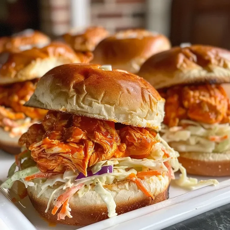['Close-up view of buffalo chicken sliders on a plate with coleslaw.', 'Juicy slow cooker buffalo chicken sliders with slider buns and ranch dressing.', 'Side view of tender chicken sliders garnished with coleslaw in a cozy setting.', 'Delicious buffalo chicken sliders served on a rustic wooden table.']
