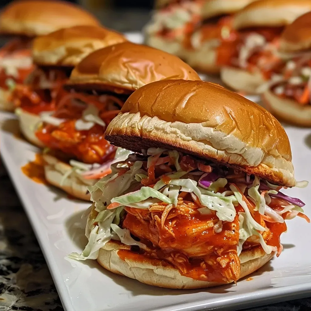 ['Close-up view of buffalo chicken sliders on a plate with coleslaw.', 'Juicy slow cooker buffalo chicken sliders with slider buns and ranch dressing.', 'Side view of tender chicken sliders garnished with coleslaw in a cozy setting.', 'Delicious buffalo chicken sliders served on a rustic wooden table.']