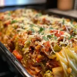 ['A close-up side view of a Slow Cooker Cabbage Roll Casserole with melted cheese on top.', 'Juicy Slow Cooker Cabbage Roll Casserole with layers of cabbage, beef, and sauce.', 'Succulent Slow Cooker Cabbage Roll Casserole displayed in a ceramic dish, showcasing its rich ingredients.', 'A delicious serving of Slow Cooker Cabbage Roll Casserole, highlighting its colorful layers and cheesy topping.']