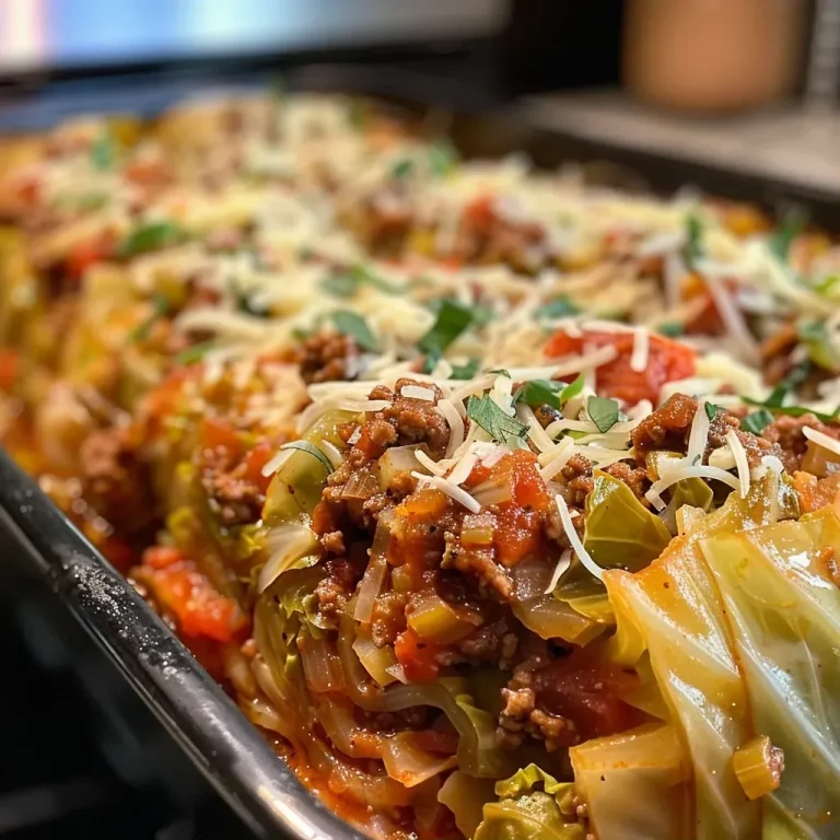 ['A close-up side view of a Slow Cooker Cabbage Roll Casserole with melted cheese on top.', 'Juicy Slow Cooker Cabbage Roll Casserole with layers of cabbage, beef, and sauce.', 'Succulent Slow Cooker Cabbage Roll Casserole displayed in a ceramic dish, showcasing its rich ingredients.', 'A delicious serving of Slow Cooker Cabbage Roll Casserole, highlighting its colorful layers and cheesy topping.']