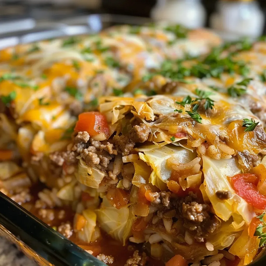 ['A close-up side view of a Slow Cooker Cabbage Roll Casserole with melted cheese on top.', 'Juicy Slow Cooker Cabbage Roll Casserole with layers of cabbage, beef, and sauce.', 'Succulent Slow Cooker Cabbage Roll Casserole displayed in a ceramic dish, showcasing its rich ingredients.', 'A delicious serving of Slow Cooker Cabbage Roll Casserole, highlighting its colorful layers and cheesy topping.']
