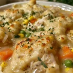 ['Close-up view of a bowl of slow cooker chicken and dumplings with visible chicken pieces and fluffy dumplings.', 'Side view of a hearty bowl of chicken and dumplings, showcasing tender chicken and colorful vegetables.', 'Delicious slow cooker chicken and dumplings served in a rustic bowl, emphasizing its creamy texture.', 'A warm serving of chicken and dumplings with herbs sprinkled on top, highlighting the comfort food appeal.']