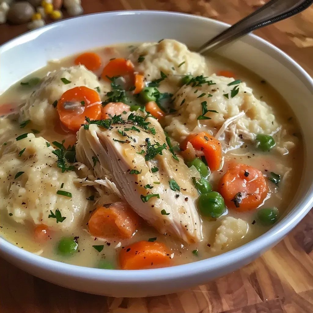['Close-up view of a bowl of slow cooker chicken and dumplings with visible chicken pieces and fluffy dumplings.', 'Side view of a hearty bowl of chicken and dumplings, showcasing tender chicken and colorful vegetables.', 'Delicious slow cooker chicken and dumplings served in a rustic bowl, emphasizing its creamy texture.', 'A warm serving of chicken and dumplings with herbs sprinkled on top, highlighting the comfort food appeal.']