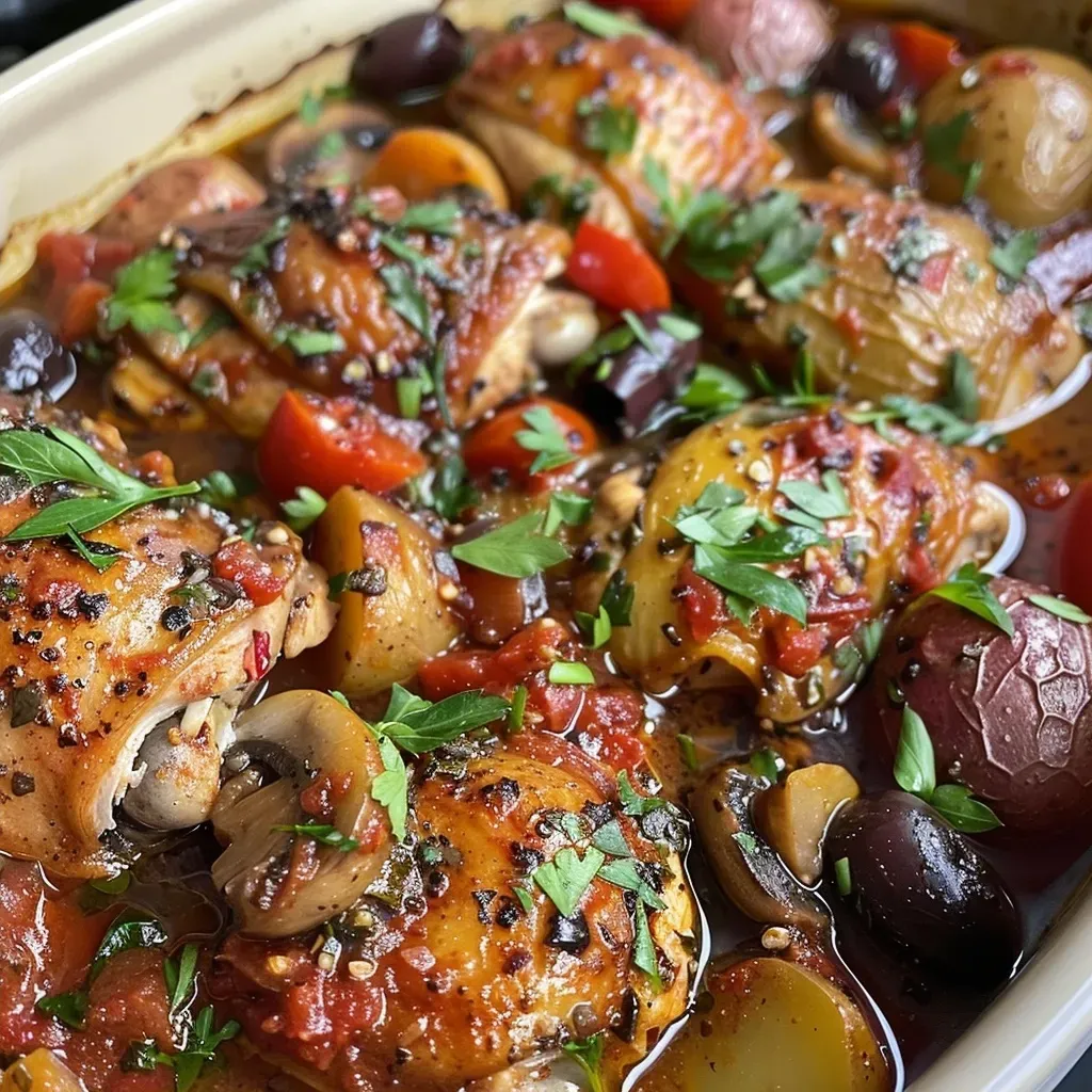['Close-up view of Slow Cooker Chicken Cacciatore with colorful vegetables and juicy chicken.', 'Side view of a bowl filled with Slow Cooker Chicken Cacciatore showcasing vibrant ingredients.', 'Juicy Slow Cooker Chicken Cacciatore featuring chicken thighs, tomatoes, and assorted vegetables.', 'Plate of Slow Cooker Chicken Cacciatore highlighting tender chicken and rich sauce.']