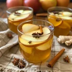 ['A close-up side view of slow cooker pear cider with slices of pear and spices visible.', 'Juicy slow cooker pear cider filled with sliced pears and aromatic spices in a glass jar.', 'A detailed view of slow cooker pear cider showcasing pear slices, cinnamon sticks, and star anise.', 'Slow cooker pear cider with ingredients like fresh ginger, nutmeg, and cloves arranged in a bowl.']