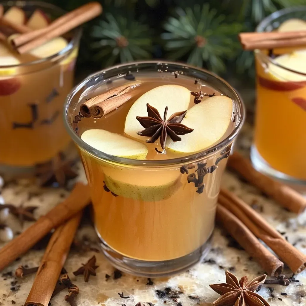 ['A close-up side view of slow cooker pear cider with slices of pear and spices visible.', 'Juicy slow cooker pear cider filled with sliced pears and aromatic spices in a glass jar.', 'A detailed view of slow cooker pear cider showcasing pear slices, cinnamon sticks, and star anise.', 'Slow cooker pear cider with ingredients like fresh ginger, nutmeg, and cloves arranged in a bowl.']