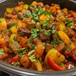 ['Close-up of slow cooker filled with colorful peppers and sausage.', 'Juicy Italian sausage surrounded by vibrant bell peppers and onions.', 'Thick strips of bell peppers and onions with sausage in a slow cooker.', 'Side view of slow cooker dish showcasing cooked peppers and sausage.']