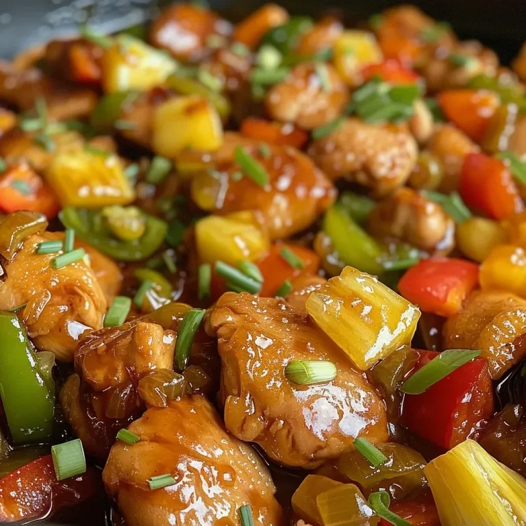 ['Close-up of Slow Cooker Sweet and Sour Chicken featuring colorful bell peppers and pineapple chunks.', 'Juicy pieces of chicken in a sweet and sour sauce, garnished with vibrant veggies.', 'Side view of a bowl of Slow Cooker Sweet and Sour Chicken showcasing the dish’s rich colors and ingredients.', 'A hearty serving of Slow Cooker Sweet and Sour Chicken with chunks of chicken, pineapple, and bell peppers.']