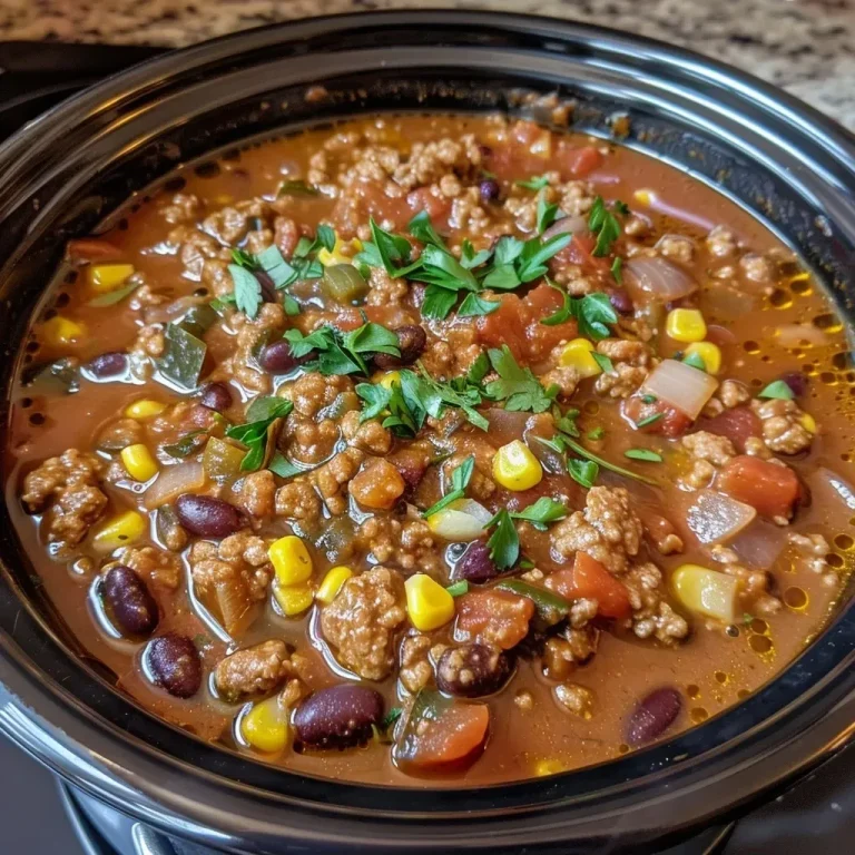 ['Close-up view of a bowl of Slow Cooker Turkey Chili with vibrant ingredients.', 'Side view of hearty Slow Cooker Turkey Chili showcasing its rich texture.', 'Juicy Slow Cooker Turkey Chili in a bowl, featuring beans and corn.', 'Appetizing display of Slow Cooker Turkey Chili with chopped onions and spices.']