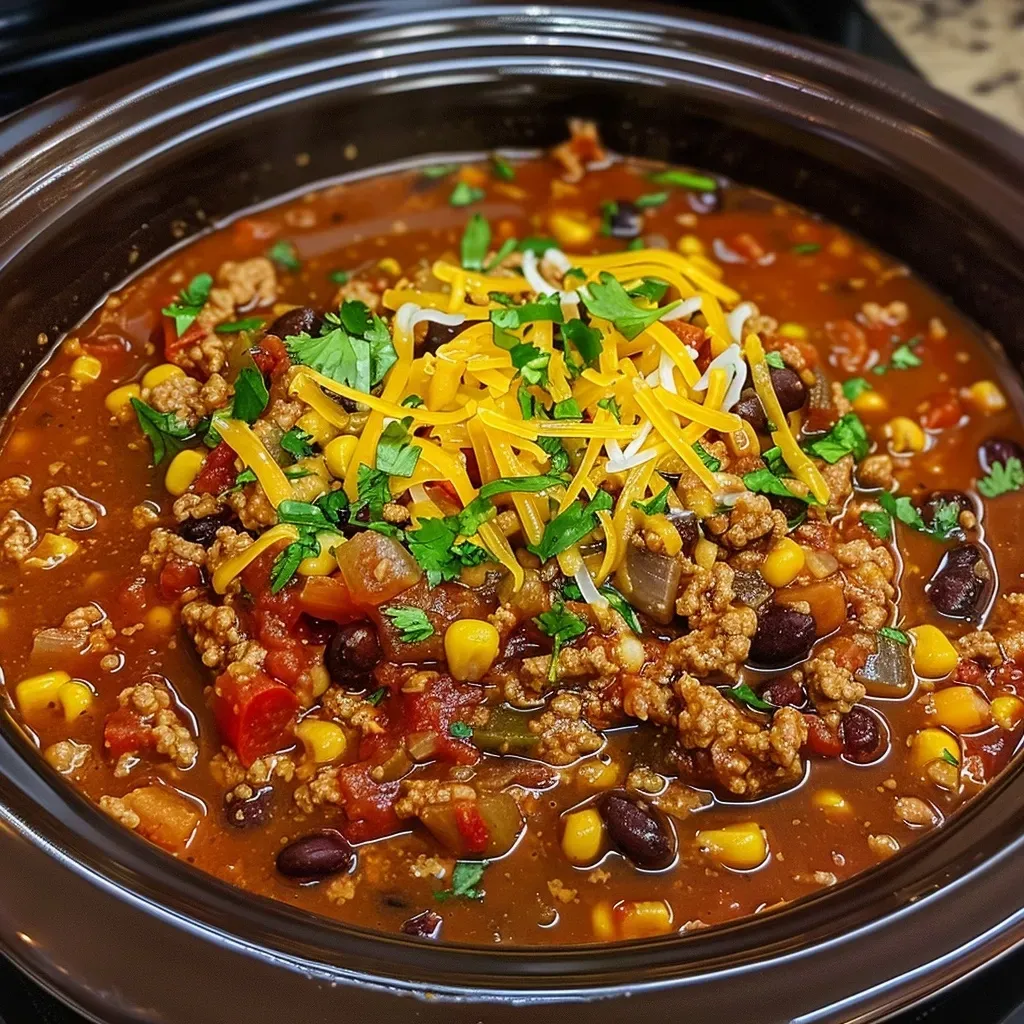 ['Close-up view of a bowl of Slow Cooker Turkey Chili with vibrant ingredients.', 'Side view of hearty Slow Cooker Turkey Chili showcasing its rich texture.', 'Juicy Slow Cooker Turkey Chili in a bowl, featuring beans and corn.', 'Appetizing display of Slow Cooker Turkey Chili with chopped onions and spices.']