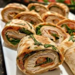 ['Close-up side view of smoked turkey pinwheels with herb cream cheese and fresh vegetables.', 'Juicy smoked turkey pinwheels filled with cream cheese and fresh herbs, displayed on a plate.', 'A side view image of rolled smoked turkey pinwheels featuring vibrant green herbs and cheese.', 'Delicious smoked turkey pinwheels with herb-infused cream cheese and colorful fillings.']