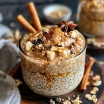 ['A close-up view of spiced chai overnight oats in a glass jar, showcasing the creamy texture and spices.', 'Side view of a serving of spiced chai overnight oats with chia seeds and topped with a sprinkle of chai spice.', 'Detailed image highlighting the layers of oats and almond milk in a bowl of spiced chai overnight oats.', 'Close-up of creamy spiced chai overnight oats with visible ingredients like chia seeds and a hint of maple syrup.']
