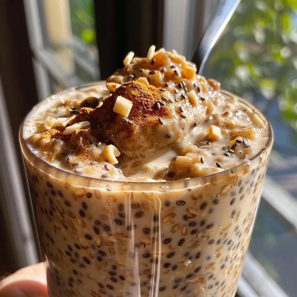 ['A close-up view of spiced chai overnight oats in a glass jar, showcasing the creamy texture and spices.', 'Side view of a serving of spiced chai overnight oats with chia seeds and topped with a sprinkle of chai spice.', 'Detailed image highlighting the layers of oats and almond milk in a bowl of spiced chai overnight oats.', 'Close-up of creamy spiced chai overnight oats with visible ingredients like chia seeds and a hint of maple syrup.']