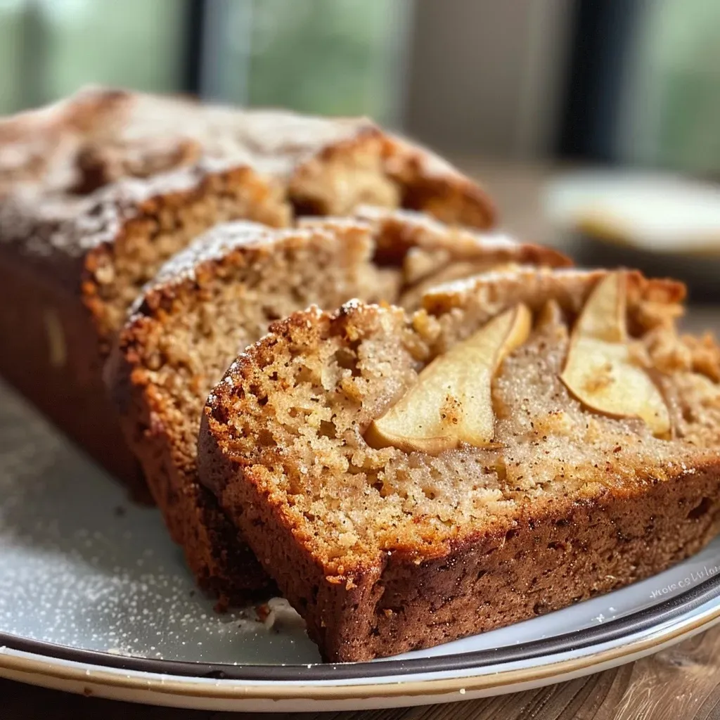 ['Close-up of a slice of spiced pear bread showing a moist texture with pieces of pear.', 'Side view of freshly baked spiced pear bread with a golden-brown crust and visible pear chunks.', 'A slice of spiced pear bread revealing its fluffy interior and spices, garnished with a light glaze.', 'Detailed view of spiced pear bread highlighting its rich brown color and specks of cinnamon.']