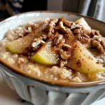 ['Close-up of a bowl of spiced pear oatmeal topped with walnuts.', 'Delicious spiced pear oatmeal with diced pear and a sprinkle of cinnamon.', 'A serving of oatmeal featuring juicy pear pieces and a drizzle of maple syrup.', 'Side view of cream-colored oatmeal mixed with chopped walnuts and cinnamon.']
