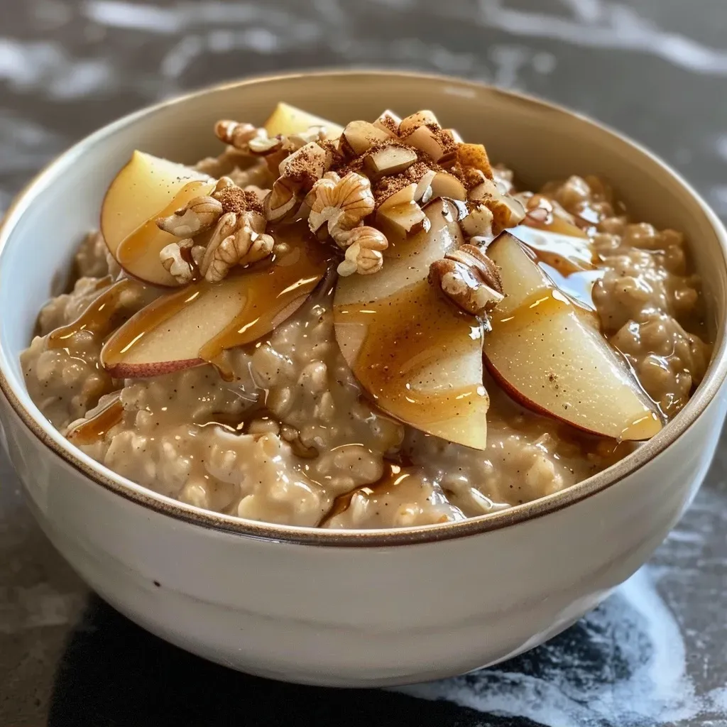 ['Close-up of a bowl of spiced pear oatmeal topped with walnuts.', 'Delicious spiced pear oatmeal with diced pear and a sprinkle of cinnamon.', 'A serving of oatmeal featuring juicy pear pieces and a drizzle of maple syrup.', 'Side view of cream-colored oatmeal mixed with chopped walnuts and cinnamon.']