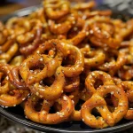 ['Close-up view of spicy pretzels with a glossy finish.', 'Side view of golden-brown spicy pretzels on a wooden surface.', 'Juicy, seasoned mini pretzels sprinkled with spices.', 'Textured close-up of crispy pretzels coated in spices.']