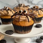 ['Close-up of decorated Halloween Spider Cupcakes with candy eyes and chocolate toppings.', 'Side view of spooky Spider Cupcakes featuring cream cheese frosting and Oreo cookie spiders.', 'Delicious Halloween-themed cupcakes adorned with chocolate spider decorations and vibrant frosting.', 'Detailed close-up photo of Halloween cupcakes, showcasing chocolate spiders and festive designs.']